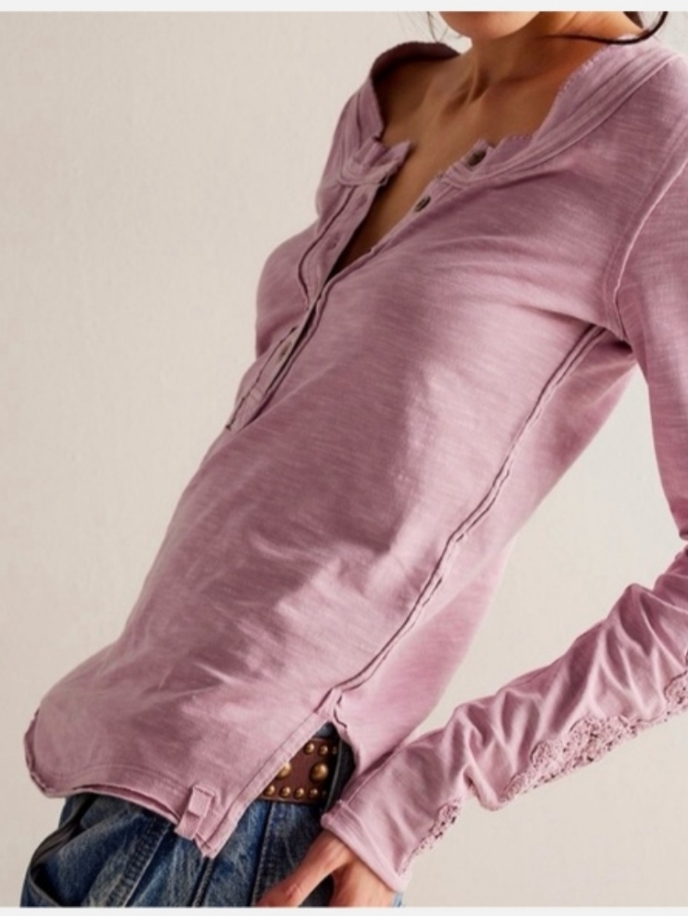 We The Free Our Song Henley Cuff Long Sleeve Crochet Top Candied Lilac XL